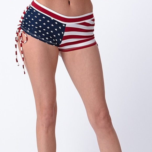 New! USA Red White Blue Flag Side Tie Ruch Shorts - Picture 4 of 6